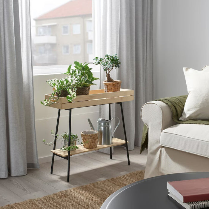 Minimalist Scandinavian-style living room with the IKEA VANILJSTÅNG black and pine plant stand holding succulents and small pots.60426340

