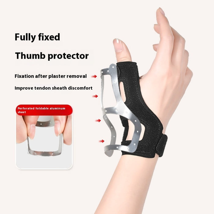 Thumb protector sleeve with perforated aluminum sheet for support, designed for tendon sheath discomfort relief and post-plaster recovery. Features breathable material and adjustable fit for stability and comfort-
