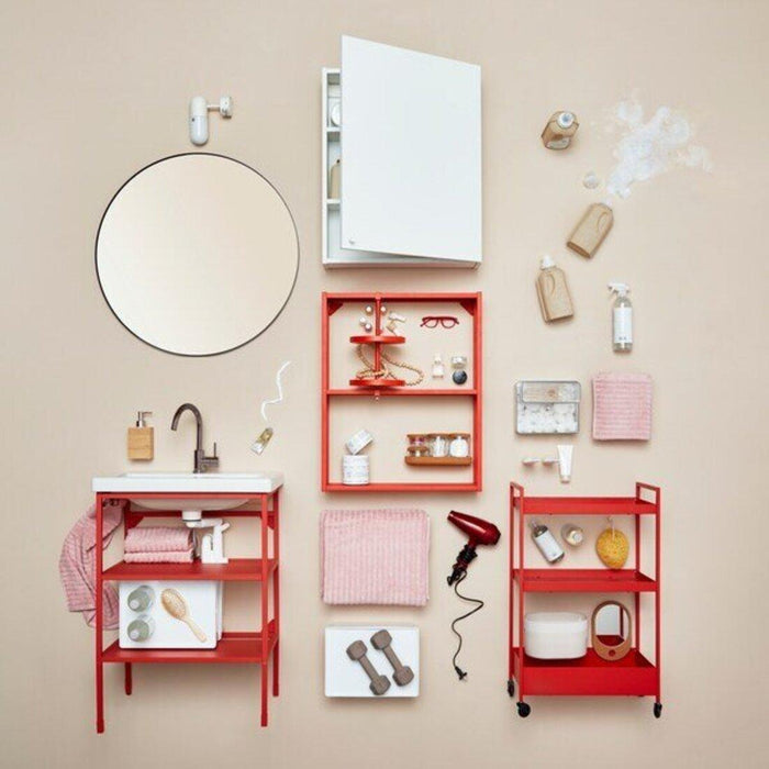 Detailed shot of the 60x40x60 cm ENHET base frame in red, showcasing its stylish and functional features