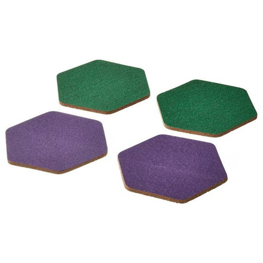 Set of four stylish IKEA TABBERAS cork drink coasters in green and lilac color palette