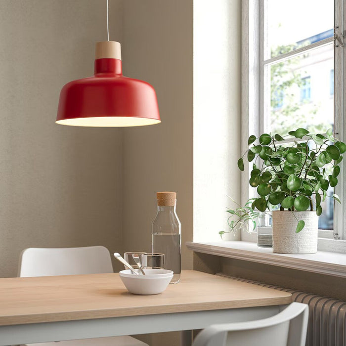 Red and birch BUNKEFLO pendant lamp by IKEA – 36 cm diameter minimalist ceiling light for dining rooms or bedrooms