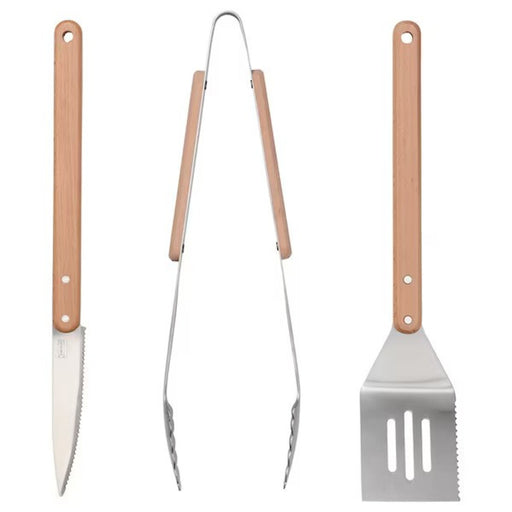 Image of the complete IKEA GRILLTIDER 3-piece barbecue tools set: "Stainless steel and beech wood BBQ tools set for versatile outdoor grilling