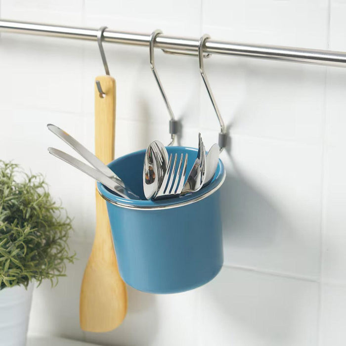 IKEA HULTARP Container, blue/nickel-plated, 14x16 cm (5 1/2x6 1/4 ") with cutlery set 18 pcs  stainless steel