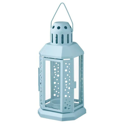 A pale blue lantern made for both indoor and outdoor use, with a height of 22 cm (9 inches).-30542591