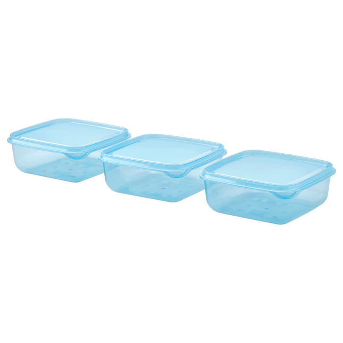 Three IKEA PRUTA food containers, blue with secure lids, 0.6 l (20 oz) capacity. Compact, stackable, and ideal for storing snacks, leftovers, and meal prep-60597105 