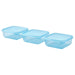 Three IKEA PRUTA food containers, blue with secure lids, 0.6 l (20 oz) capacity. Compact, stackable, and ideal for storing snacks, leftovers, and meal prep-60597105 