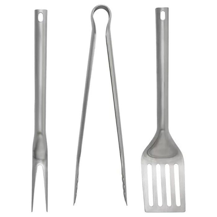 IKEA GRILLTIDER BBQ tools set, including tong, spatula, and fork, made of stainless steel. 70541924