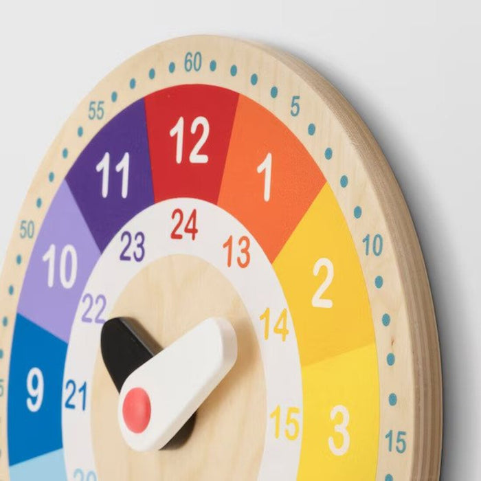 Detailed view of the educational wooden clock, featuring distinct numbers and colors-10515188