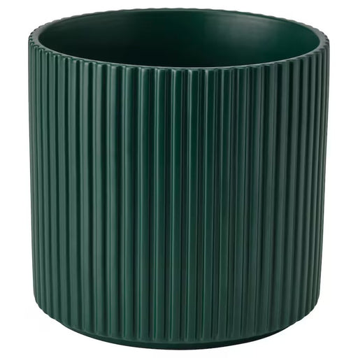 "Dark green ceramic IKEA DAKSJUS plant pot with grooved detailing, placed on a wooden surface. Compact 12 cm size, ideal for succulents, herbs, or decorative plants indoors and outdoors.-40609232