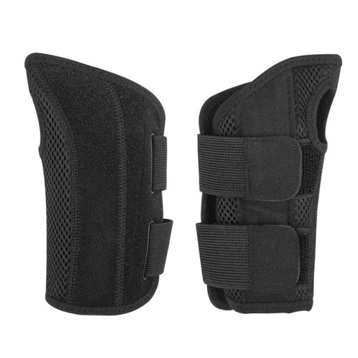 Two black wrist braces featuring adjustable Velcro straps, designed for ergonomic support and stability. The braces have a mesh-like pattern for enhanced breathability, ensuring comfort during injury recovery or physical activities. Suitable for wrists needing compression and protection-1598445819032