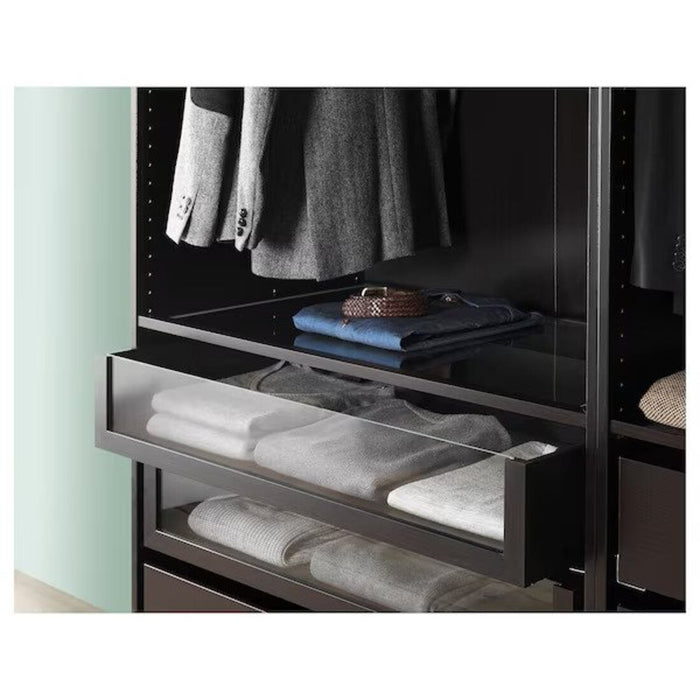 A sleek and modern black-brown drawer with a glass front, providing ample storage space.