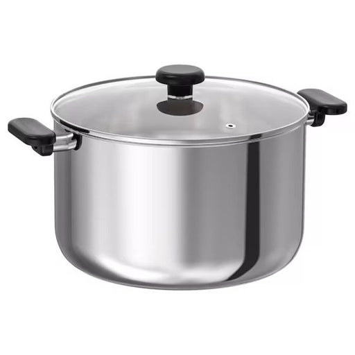 IKEA MIDDAGSMAT Pot with clear glass lid and stainless steel handle.