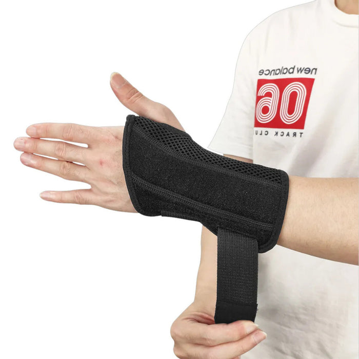 A person wearing a black wrist strap on the right hand, designed for compression and protection against sprains, fractures, or other wrist injuries. The strap is secured with adjustable Velcro fasteners and provides support and stability. Made with breathable, durable materials, it is ideal for sports, rehabilitation, or daily use-1598445819031