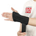 A person adjusting a black wrist brace worn on the left hand. The brace features a breathable mesh design with an adjustable strap for a secure fit.-1598445819032