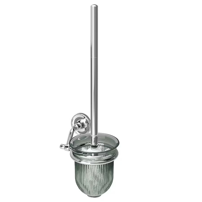 Wall-mounted IKEA BROFJÄRDEN Toilet Brush with a sleek chrome-plated handle and a ribbed glass holder, offering a stylish and functional bathroom accessory-90581551