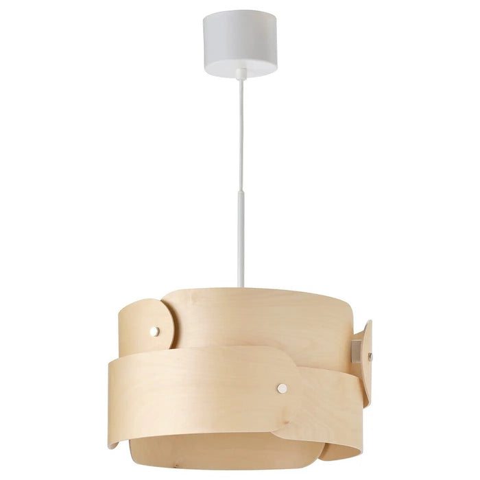Wooden pendant light with a white shade on a white background