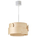 Wooden pendant light with a white shade on a white background
