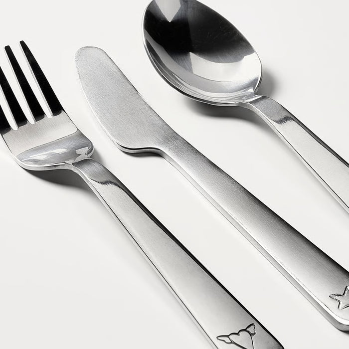 IKEA FABLER kids fork knife and spoon stainless steel cutlery set arranged on white surface