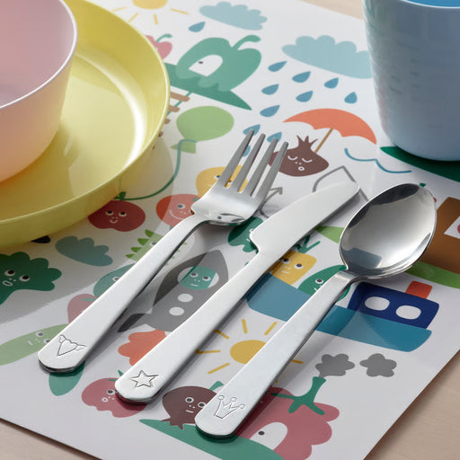 IKEA FABLER child-sized stainless steel cutlery set on colourful place mat suitable for ages 3 and above