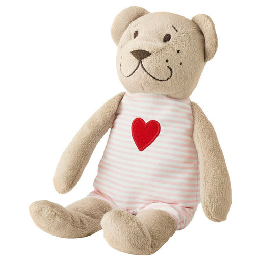 "A 21 cm IKEA pink teddy bear from the FABLER BJÖRN collection, wearing a striped blue and white outfit with a red heart emblem.-70588799

