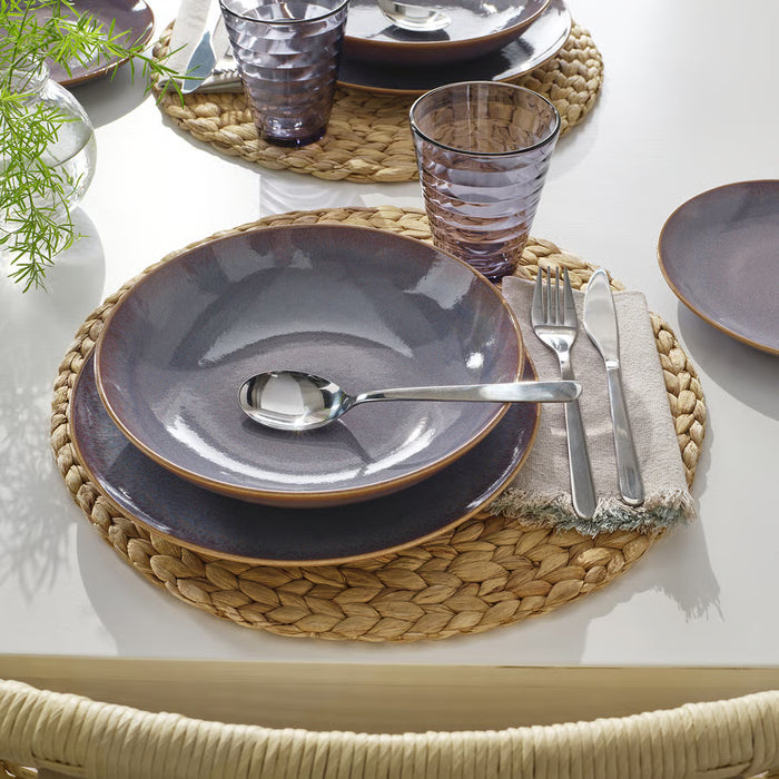IKEA FÄRGKLAR lilac deep plate styled with cutlery, glasses and vase on placemat