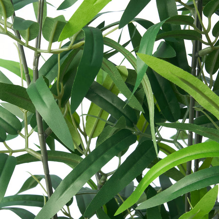 Sunlit indoor scene with FEJKA bamboo plant near window and wooden chair
