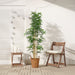 Tall FEJKA bamboo plant in woven basket beside green sofa and wooden chairs