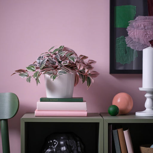 Lifelike IKEA FEJKA artificial potted plant featuring purple spiderwort (lilac) blooms in a 12 cm (4¾") pot - perfect for adding low-maintenance greenery to indoor or outdoor spaces.