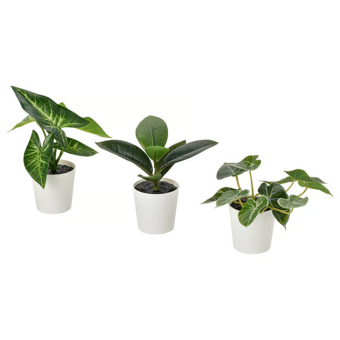  IKEA FEJKA artificial potted leaf plants set of 3 on white shelf indoor styling 11cm and 13cm #90630066
