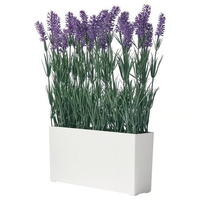 Artificial lavender plant in a white rectangular pot on a white background