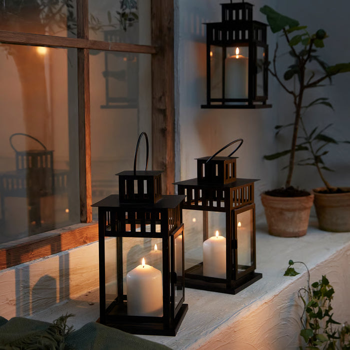  IKEA FENOMEN natural pillar candle 19cm lit with soft warm glow in styled home setting