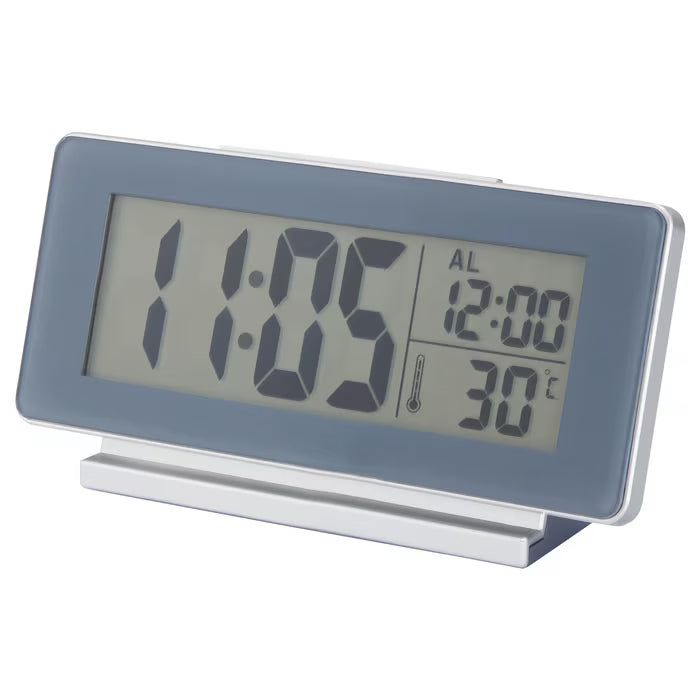 IKEA FILMIS grey digital alarm clock with LED display showing time, alarm and temperature, front view #30540832