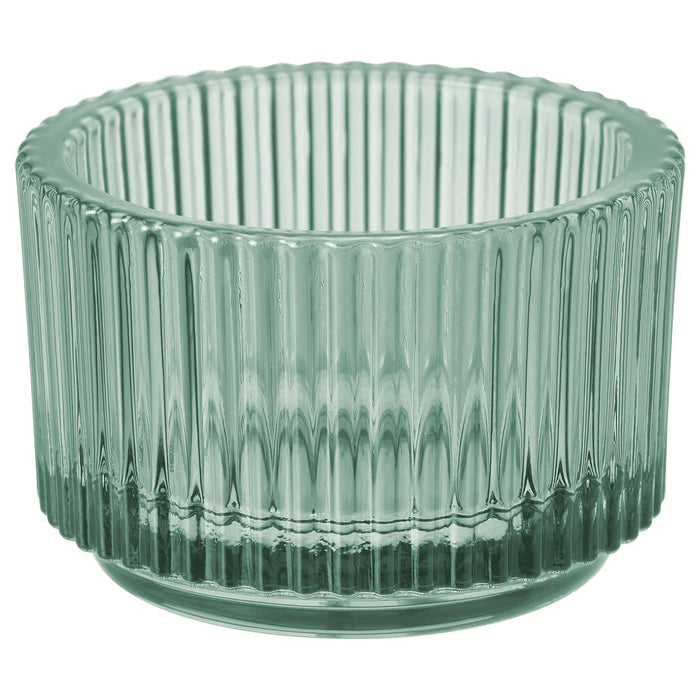 IKEA FINSMAK glass tealight holders in assorted colours, side view showing 3.5 cm height