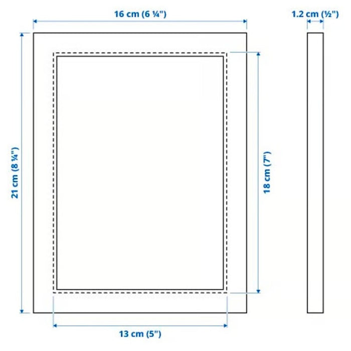 Measurement chart of a rectangular frame with dimensions in centimeters and inches.