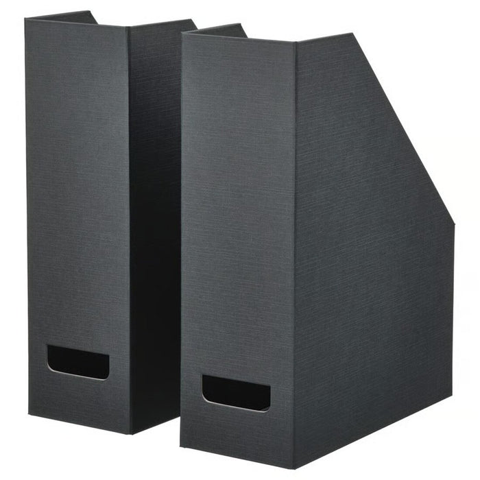 "IKEA FJÄDERHARV white magazine file holding cooking magazines on a wooden desk, minimalist Scandinavian organizer"