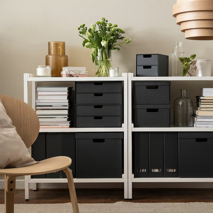 "Modern home office desk with IKEA FJÄDERHARV magazine file organizing notebooks and documents"