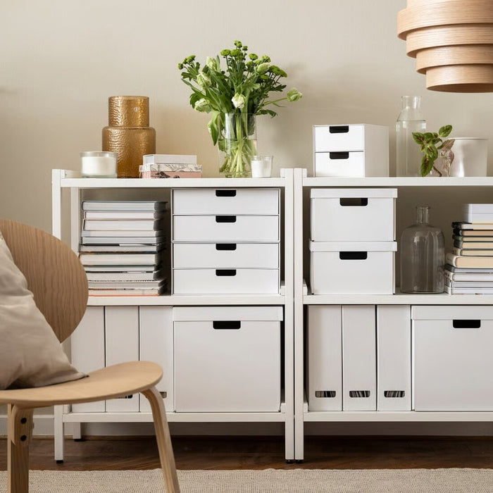 "IKEA FJÄDERHARV magazine files displayed in all available colors: white, beige and light gray"