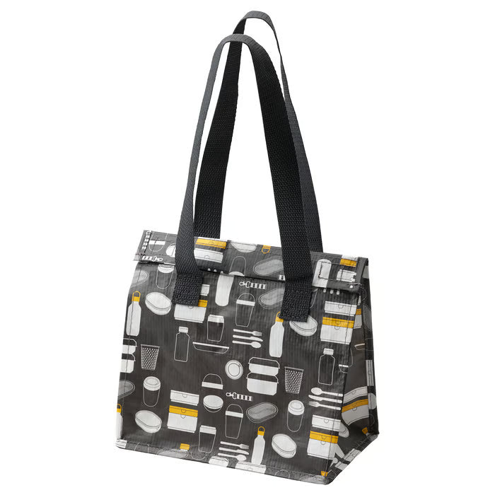 IKEA FLADDRIG lunch bag patterned grey black with grey yellow print sturdy handles front view #10497226