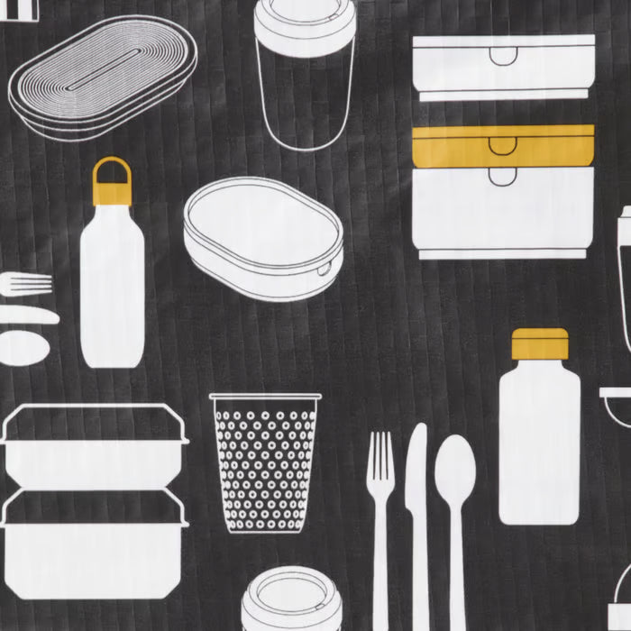 IKEA FLADDRIG patterned grey lunch bag open showing interior capacity for containers and bottles