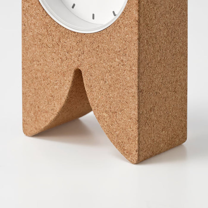  IKEA FLODKRÄFTA cork clock white face detail showing three hands and acrylic front