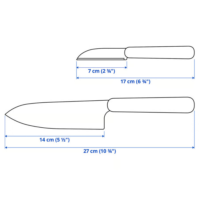 Measurement illustration diagram for IKEA FÖRDUBBLA 2-piece knife set showing dimensions of cook's and paring knife