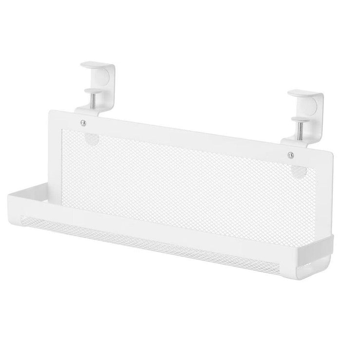 "A white, 38 cm IKEA FÖRSÄSONG Cable Management Tray designed to be mounted under a desk or table for organizing and concealing cables. The tray features a mesh design for ventilation and includes two adjustable clamps with screws for secure attachment, helping to maintain a tidy workspace.80573189