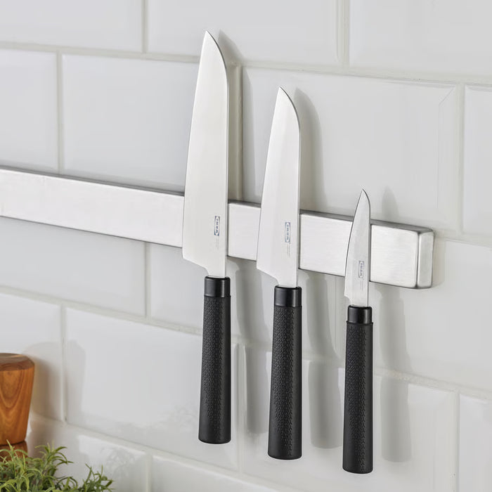 IKEA FÖRSLAG set of three knives — 17cm, 13cm, 8cm — mounted on a wall magnetic knife strip