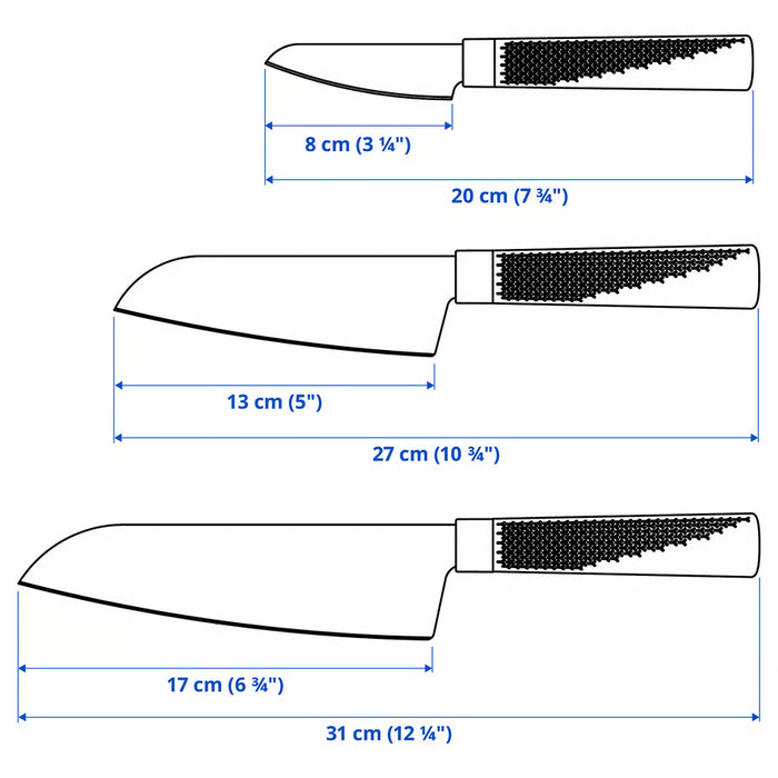 Measurement illustration for IKEA FÖRSLAG 3-piece knife set showing blade and total length dimensions