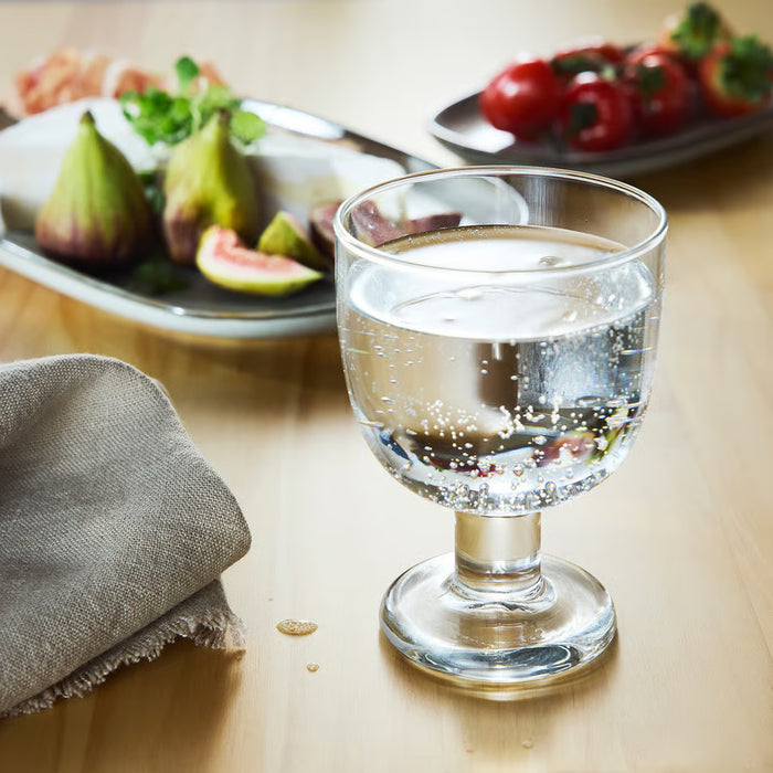 Close-up of IKEA FRUKTDUVA clear glass goblet showing glass clarity and finish