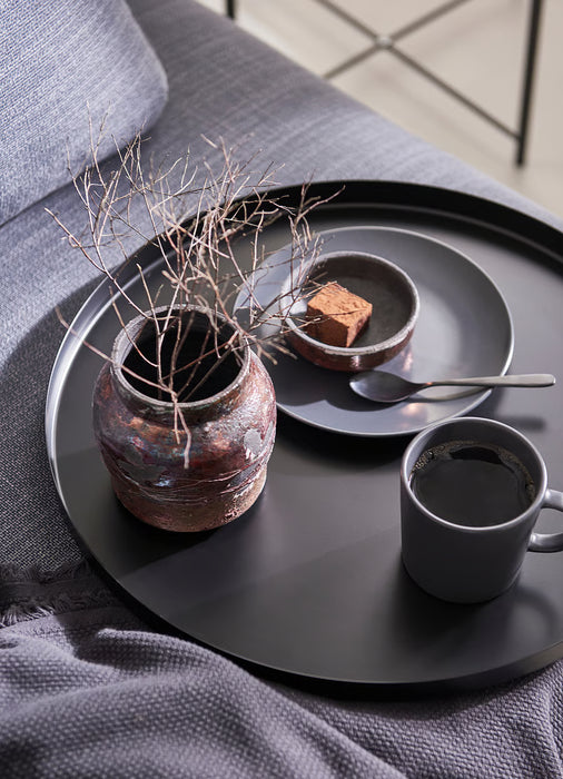  IKEA GLADOM black removable tray with handle carrying coffee cup bowl spoon and vase with branches