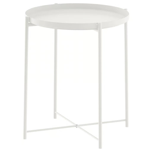 IKEA GLADOM white tray table 45x53 cm front view with removable round tray on steel frame #50337820
