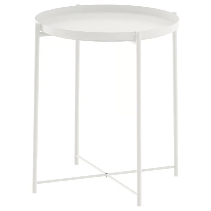 IKEA GLADOM white tray table 45x53 cm front view with removable round tray on steel frame #50337820