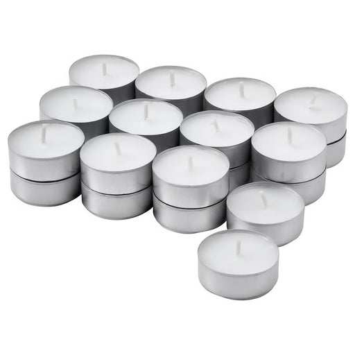 IKEA GLIMMA unscented tealights lit in black hanging lantern warm glow outdoor evening setting #00144937