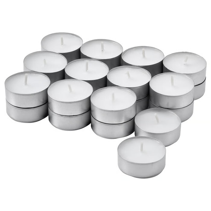 IKEA GLIMMA unscented tealights lit in black hanging lantern warm glow outdoor evening setting #00144937